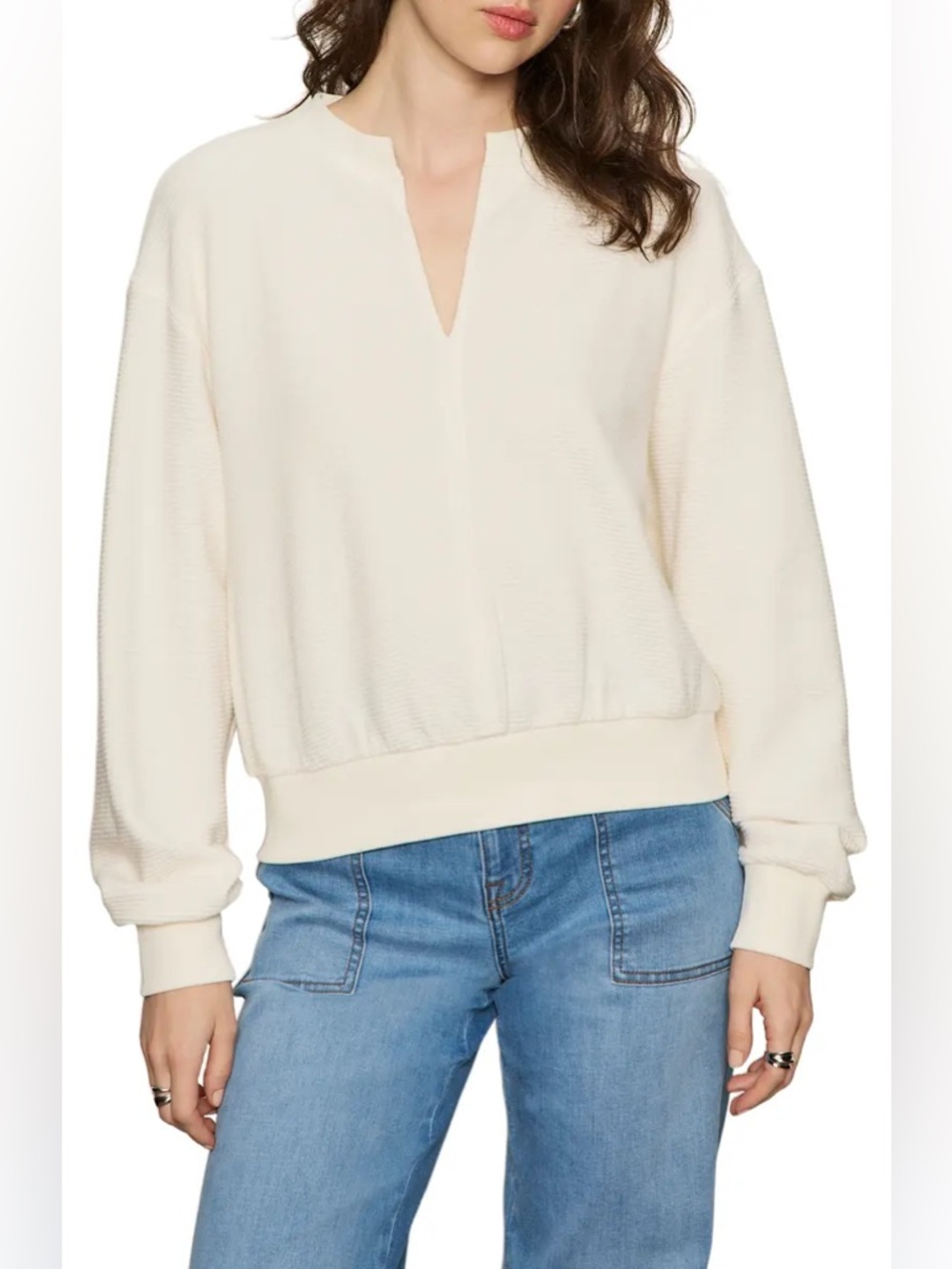 Sanctuary Perfect Split Neck Textured Sweatshirt – White/Chalk – XL